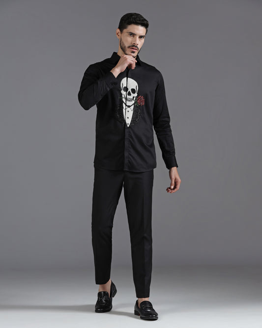 Black cotton shirt with skeleton and rose embroidery | Bhavya Bhasin Couture