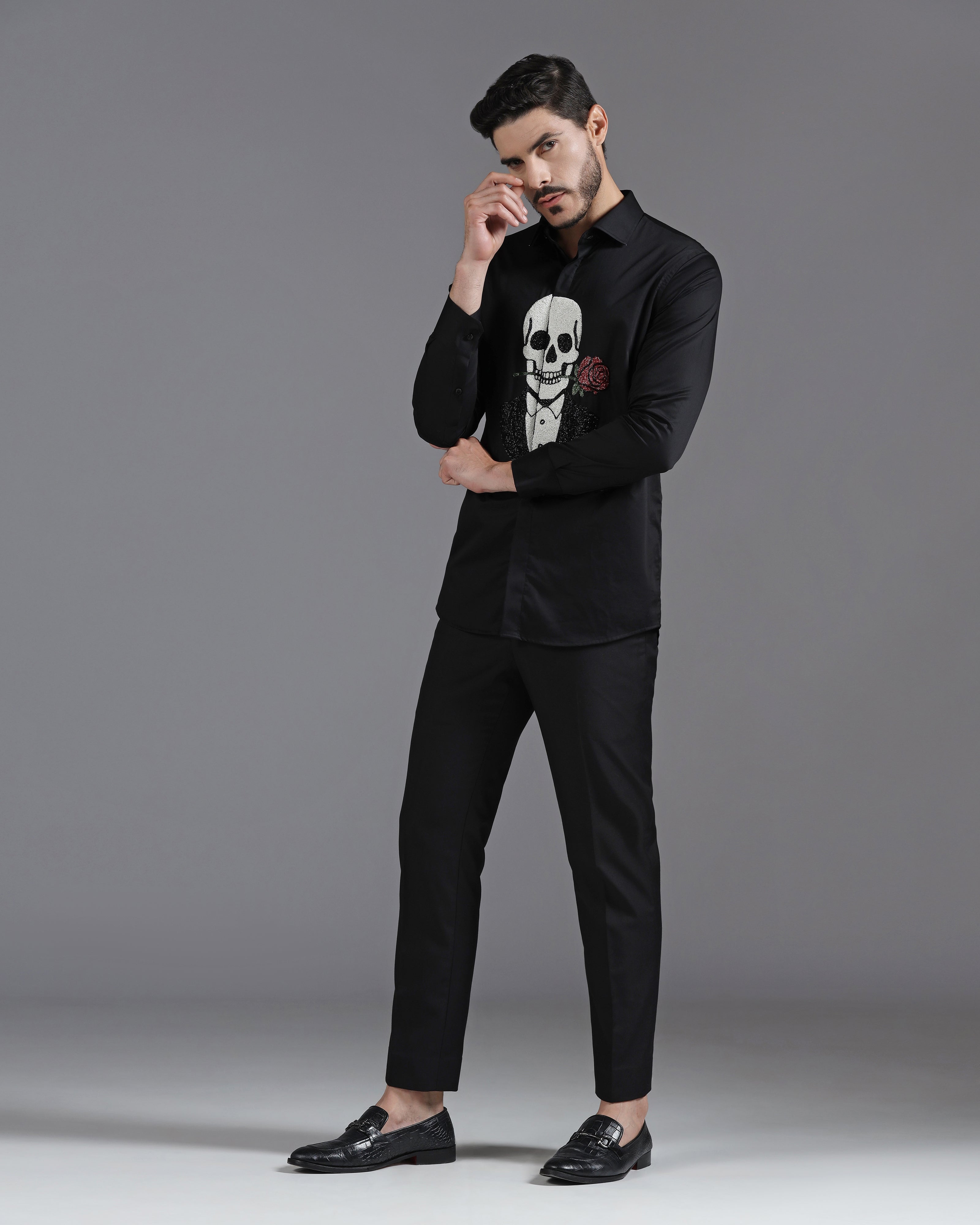 Black Cotton Shirt with Hand-Embroidered Skeleton and Rose Motif