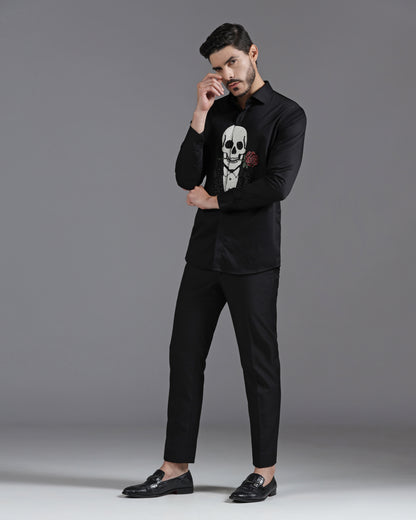Black Cotton Shirt with Hand-Embroidered Skeleton and Rose Motif