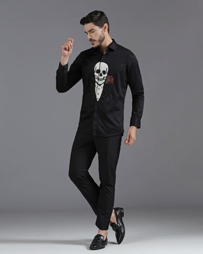 Black Cotton Shirt with Hand-Embroidered Skeleton and Rose Motif