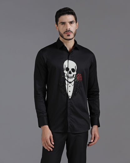 Black Cotton Shirt with Hand-Embroidered Skeleton and Rose Motif