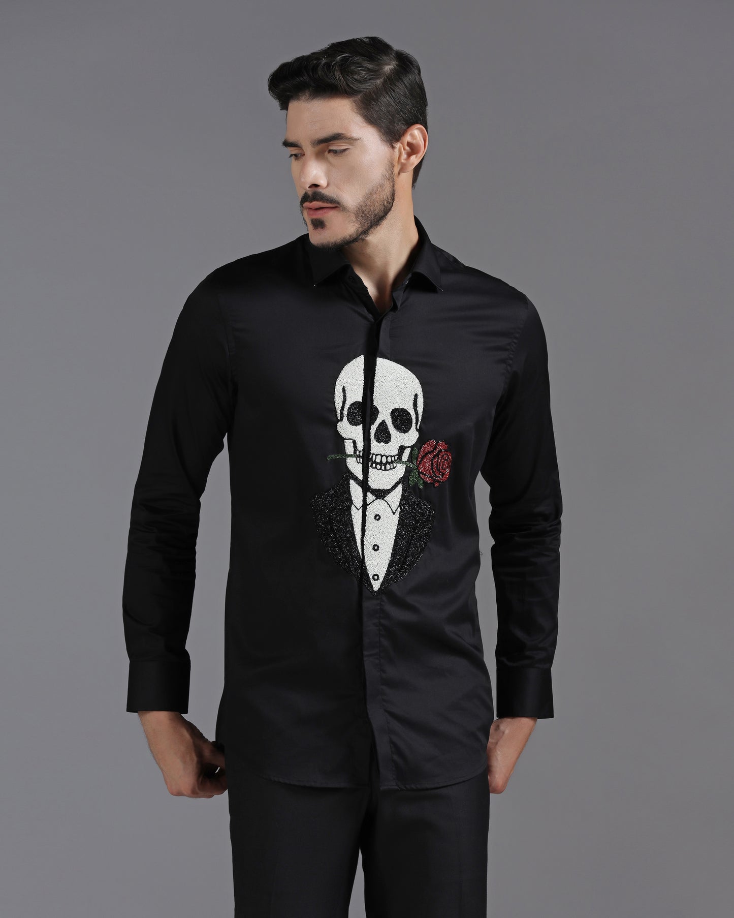 Black Cotton Shirt with Hand-Embroidered Skeleton and Rose Motif