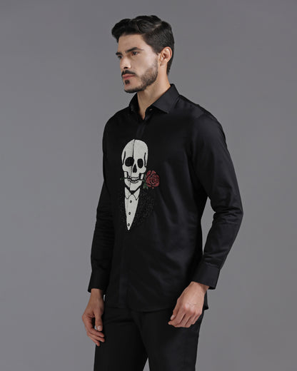 Black Cotton Shirt with Hand-Embroidered Skeleton and Rose Motif