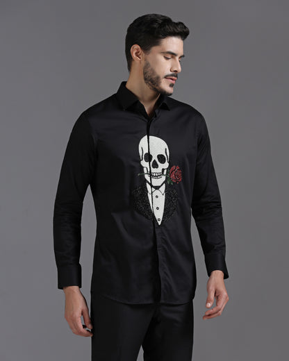 Black Cotton Shirt with Hand-Embroidered Skeleton and Rose Motif