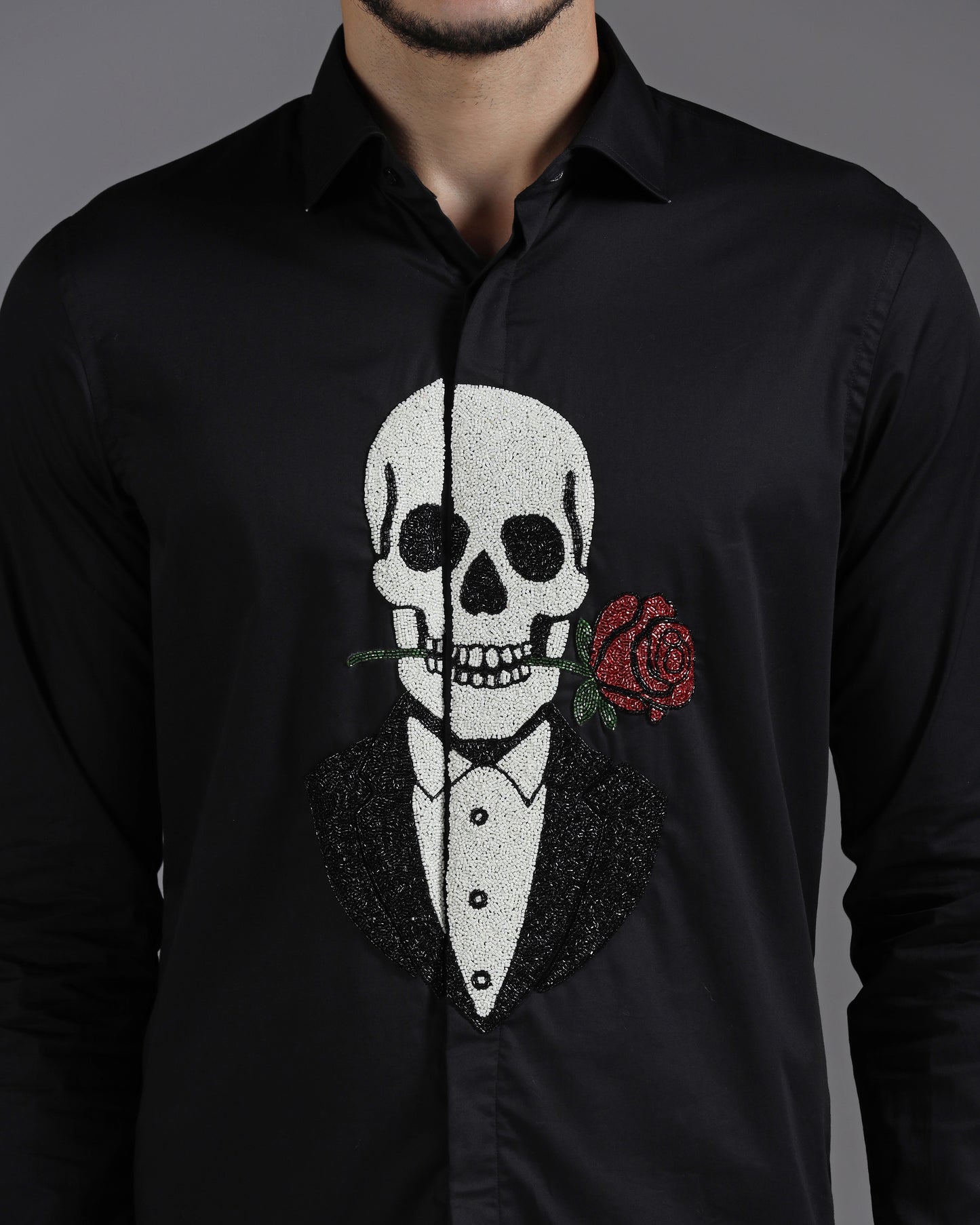 Black Cotton Shirt with Hand-Embroidered Skeleton and Rose Motif