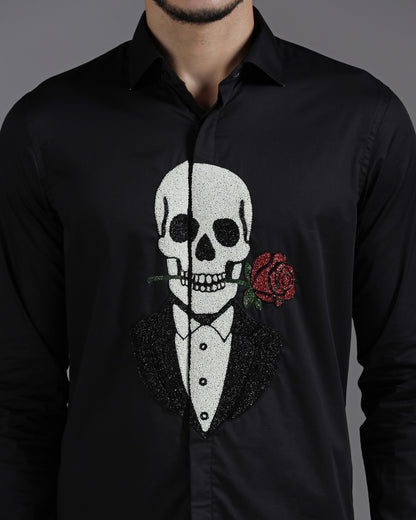 Black Cotton Shirt with Hand-Embroidered Skeleton and Rose Motif