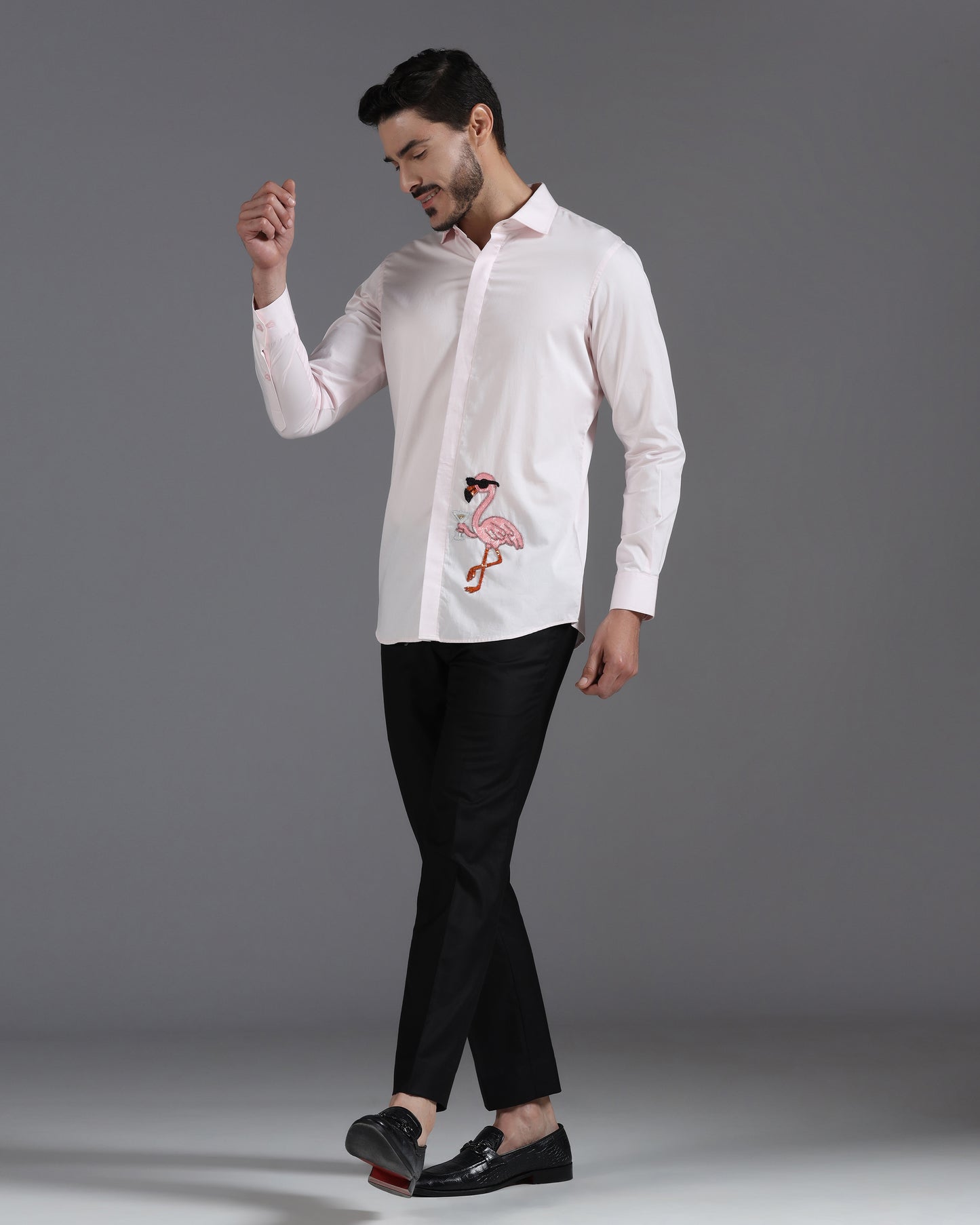 Blush pink shirt with flamingo cocktail embroidery | Bhavya Bhasin Couture