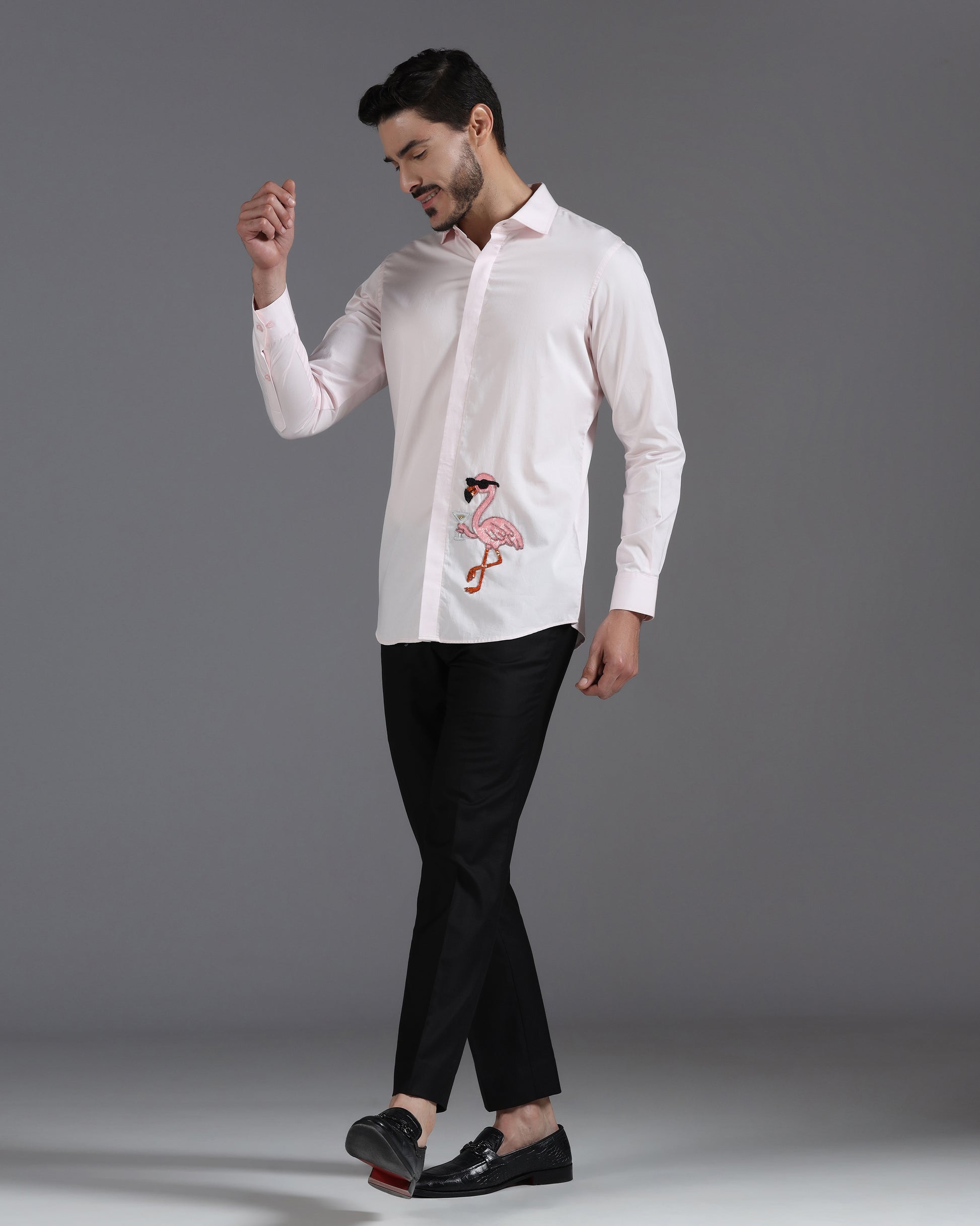 Blush pink shirt with flamingo cocktail embroidery | Bhavya Bhasin Couture