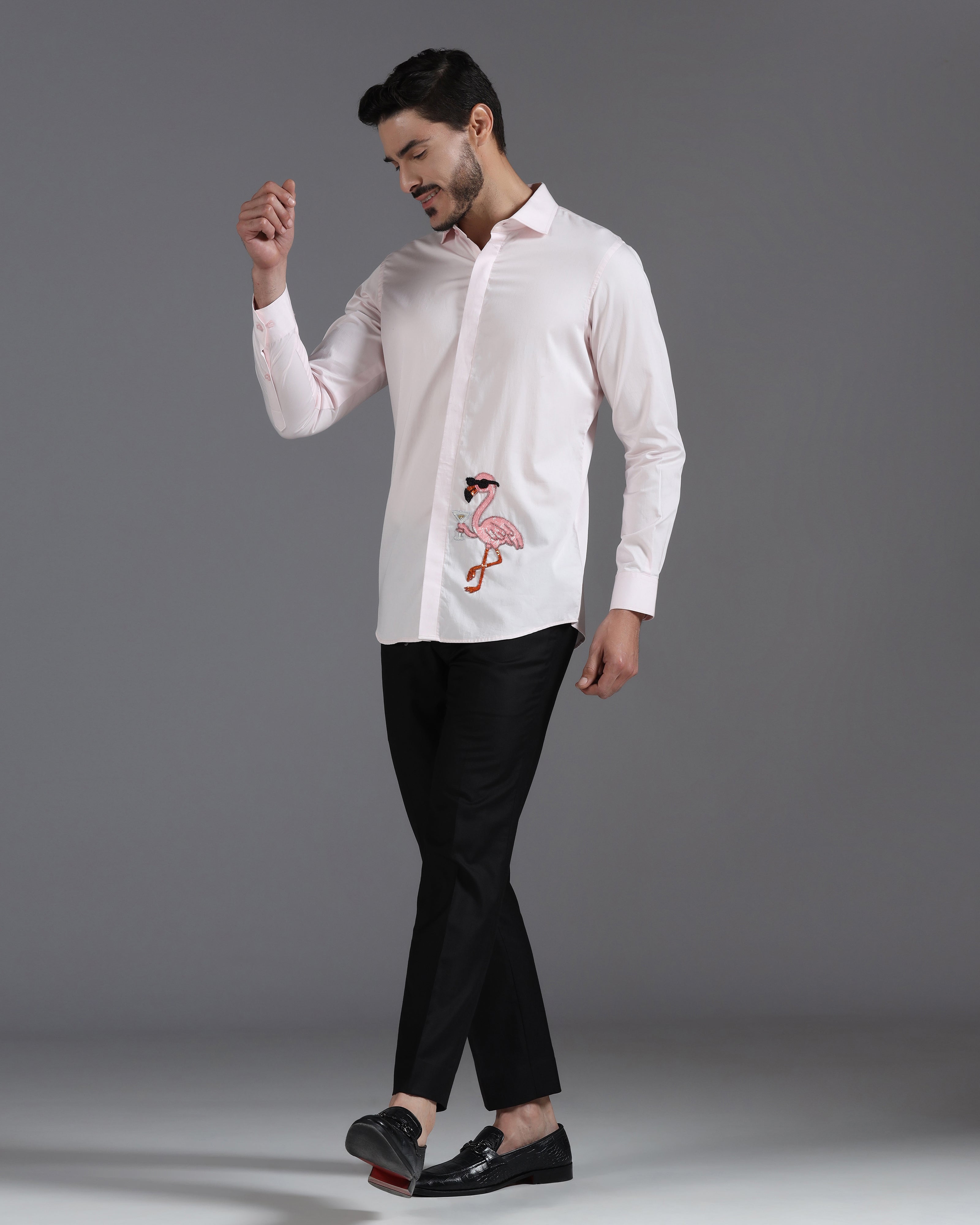 Blush Pink Cotton Shirt with Hand-Embroidered Flamingo Cocktail Motif