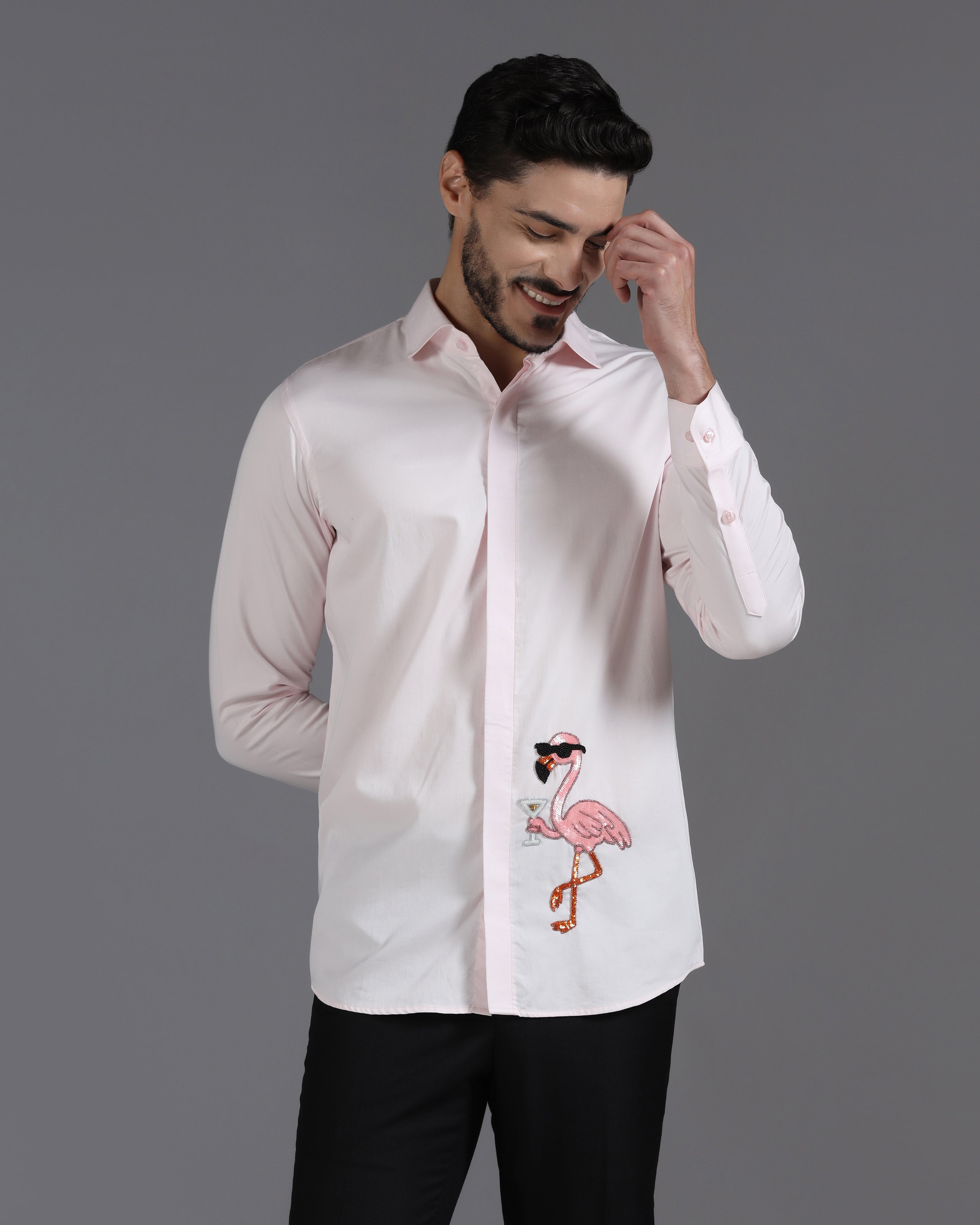 Blush Pink Cotton Shirt with Hand-Embroidered Flamingo Cocktail Motif