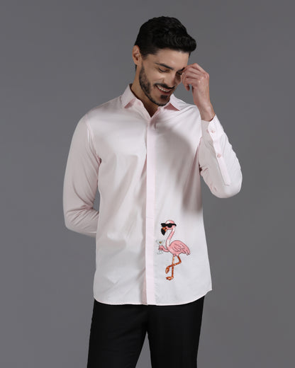 Blush Pink Cotton Shirt with Hand-Embroidered Flamingo Cocktail Motif