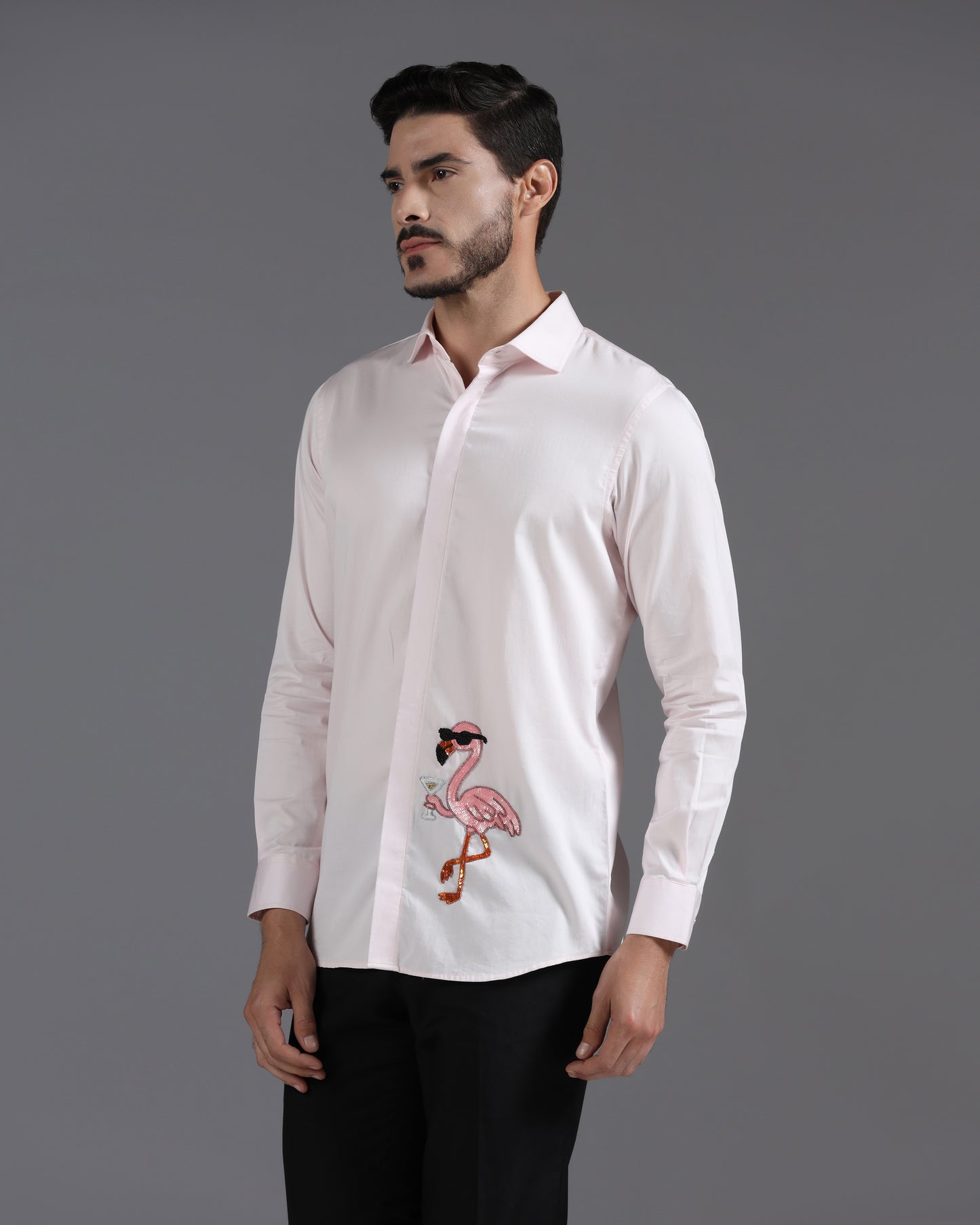 Blush Pink Cotton Shirt with Hand-Embroidered Flamingo Cocktail Motif