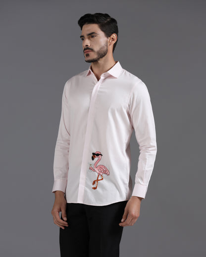 Blush Pink Cotton Shirt with Hand-Embroidered Flamingo Cocktail Motif