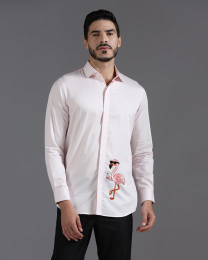 Blush Pink Cotton Shirt with Hand-Embroidered Flamingo Cocktail Motif