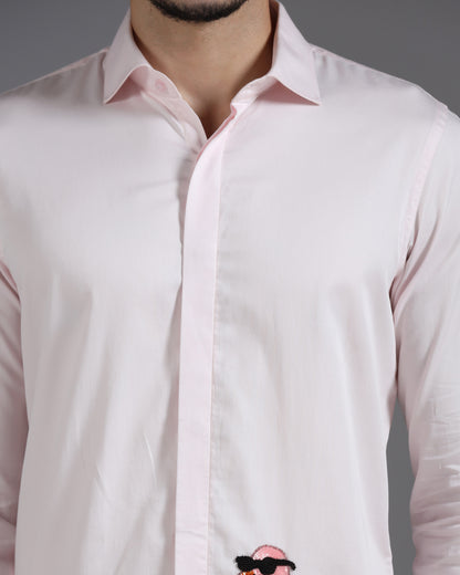 Blush Pink Cotton Shirt with Hand-Embroidered Flamingo Cocktail Motif