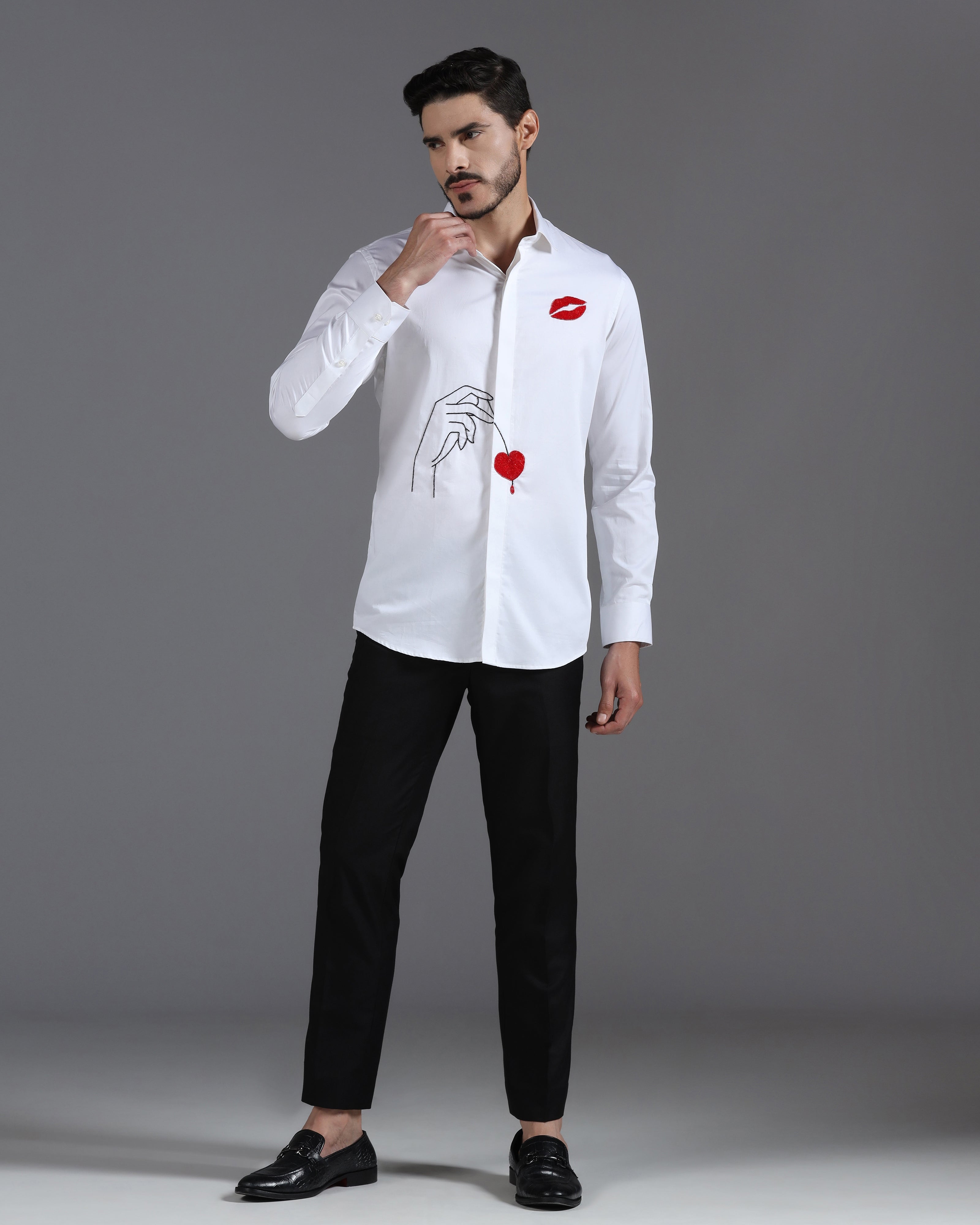 White Cotton Shirt with Hand-Embroidered Heart & Lips Motif