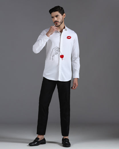 White cotton shirt with heart and lips embroidery | Bhavya Bhasin Couture
