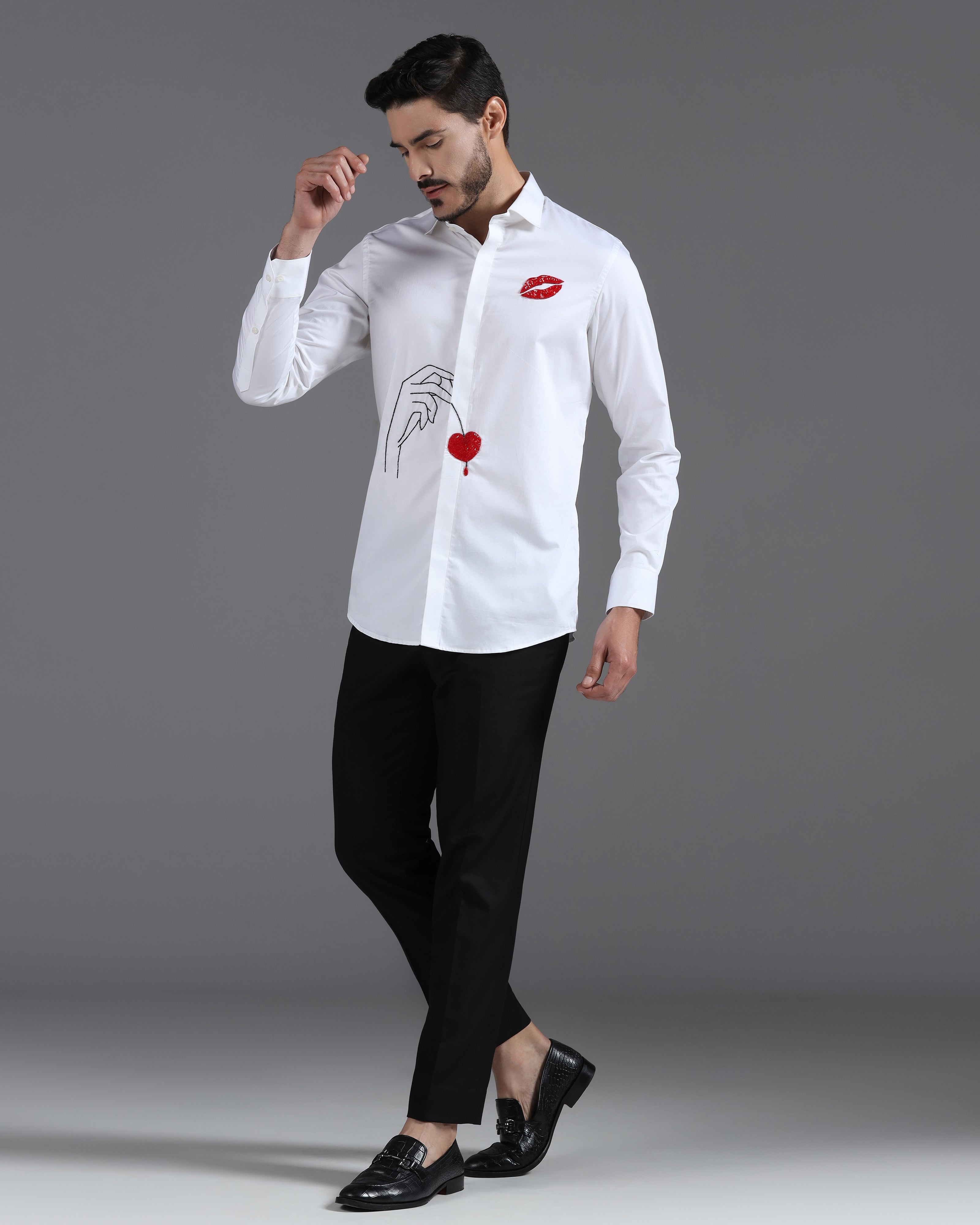 White Cotton Shirt with Hand-Embroidered Heart & Lips Motif