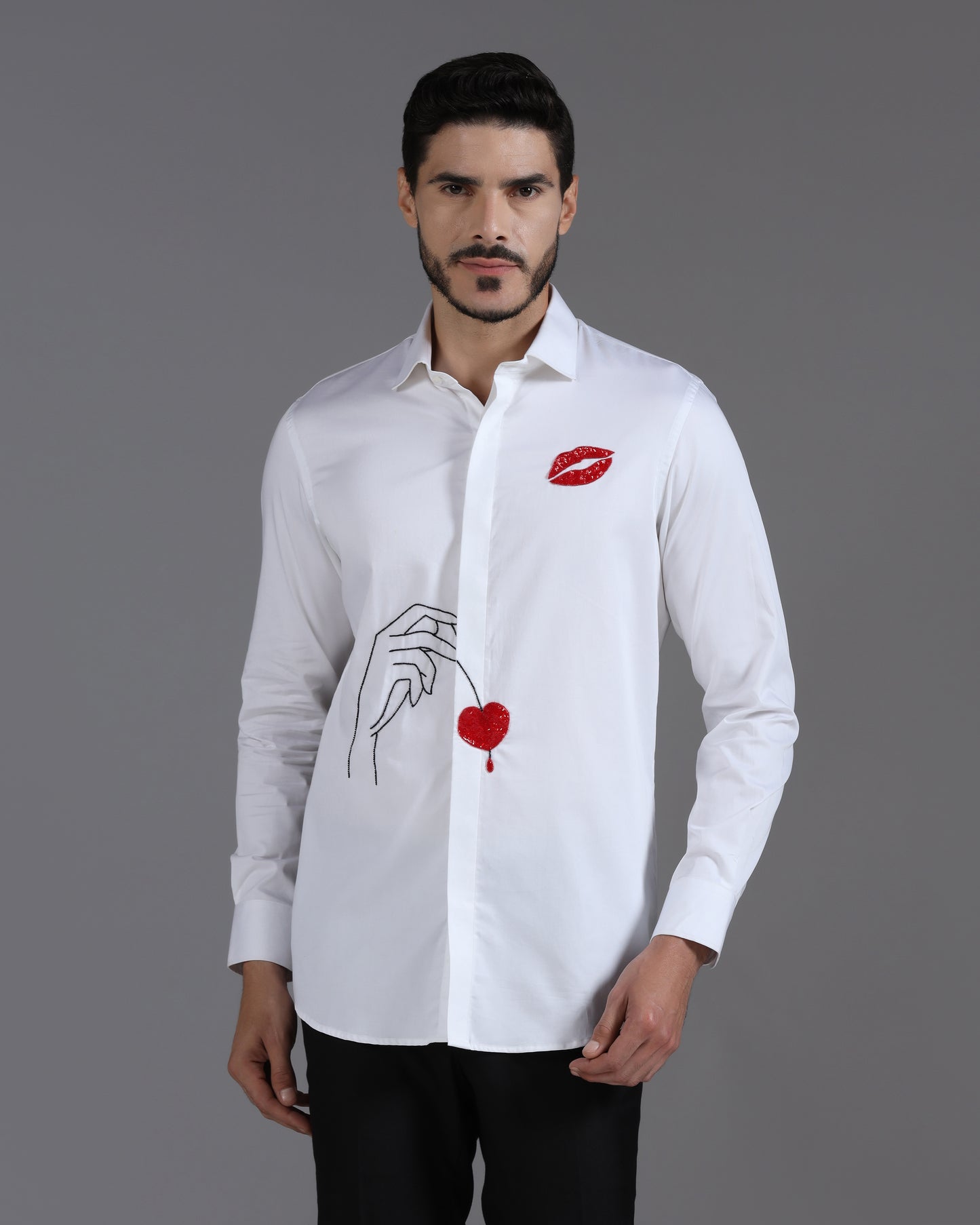 White Cotton Shirt with Hand-Embroidered Heart & Lips Motif