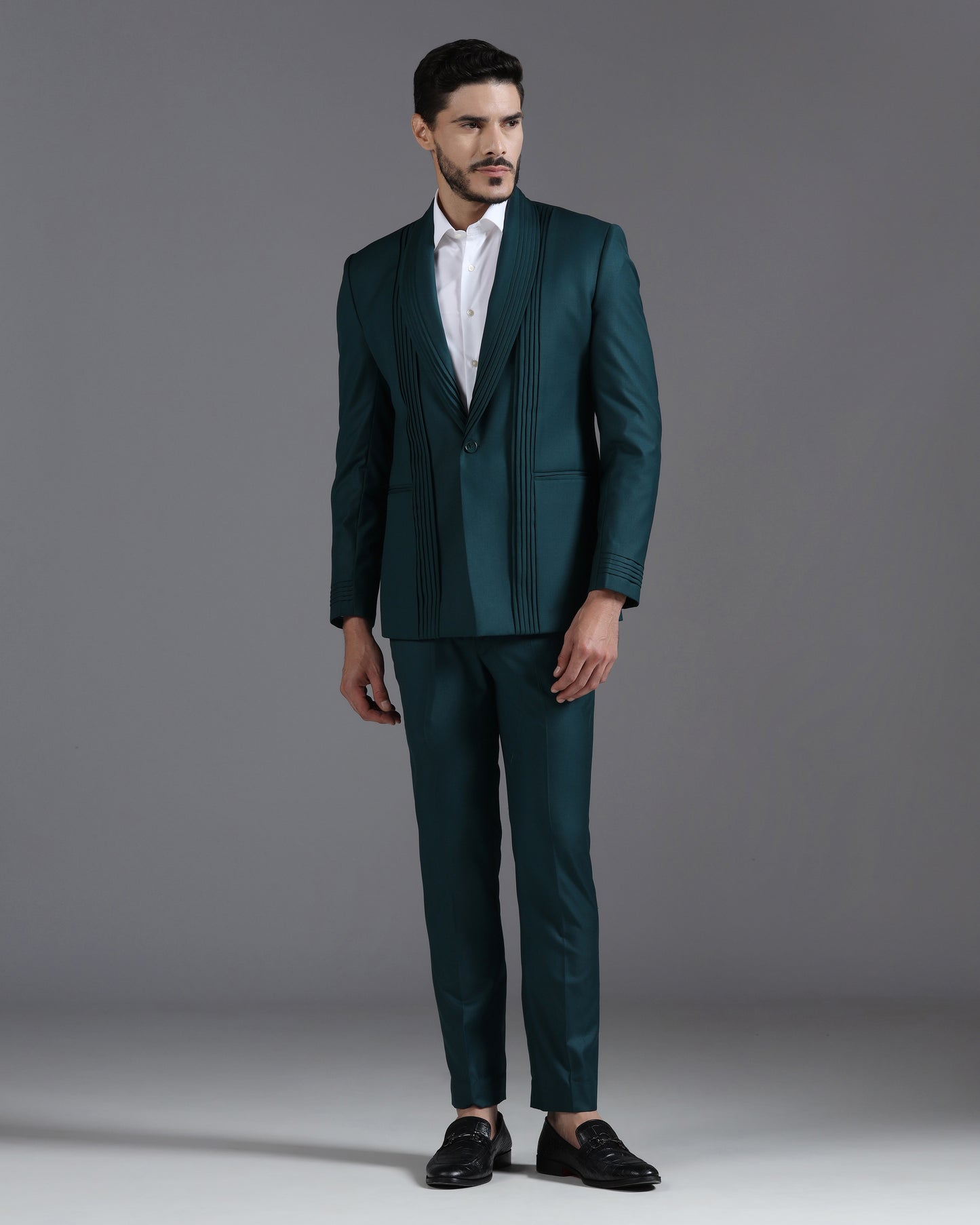 Deep teal pintuck 2-piece suit Indian formal | Bhavya Bhasin Couture