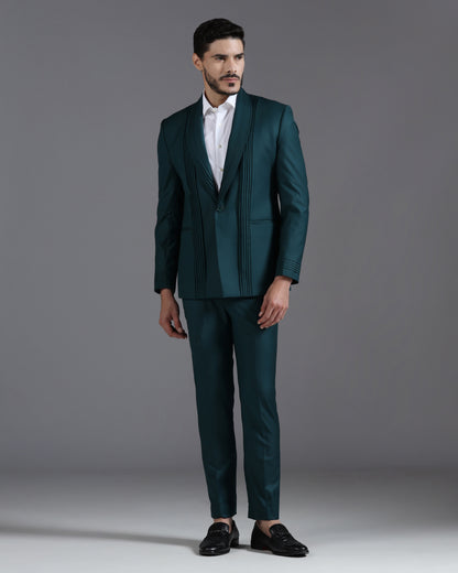 Deep teal pintuck 2-piece suit Indian formal | Bhavya Bhasin Couture