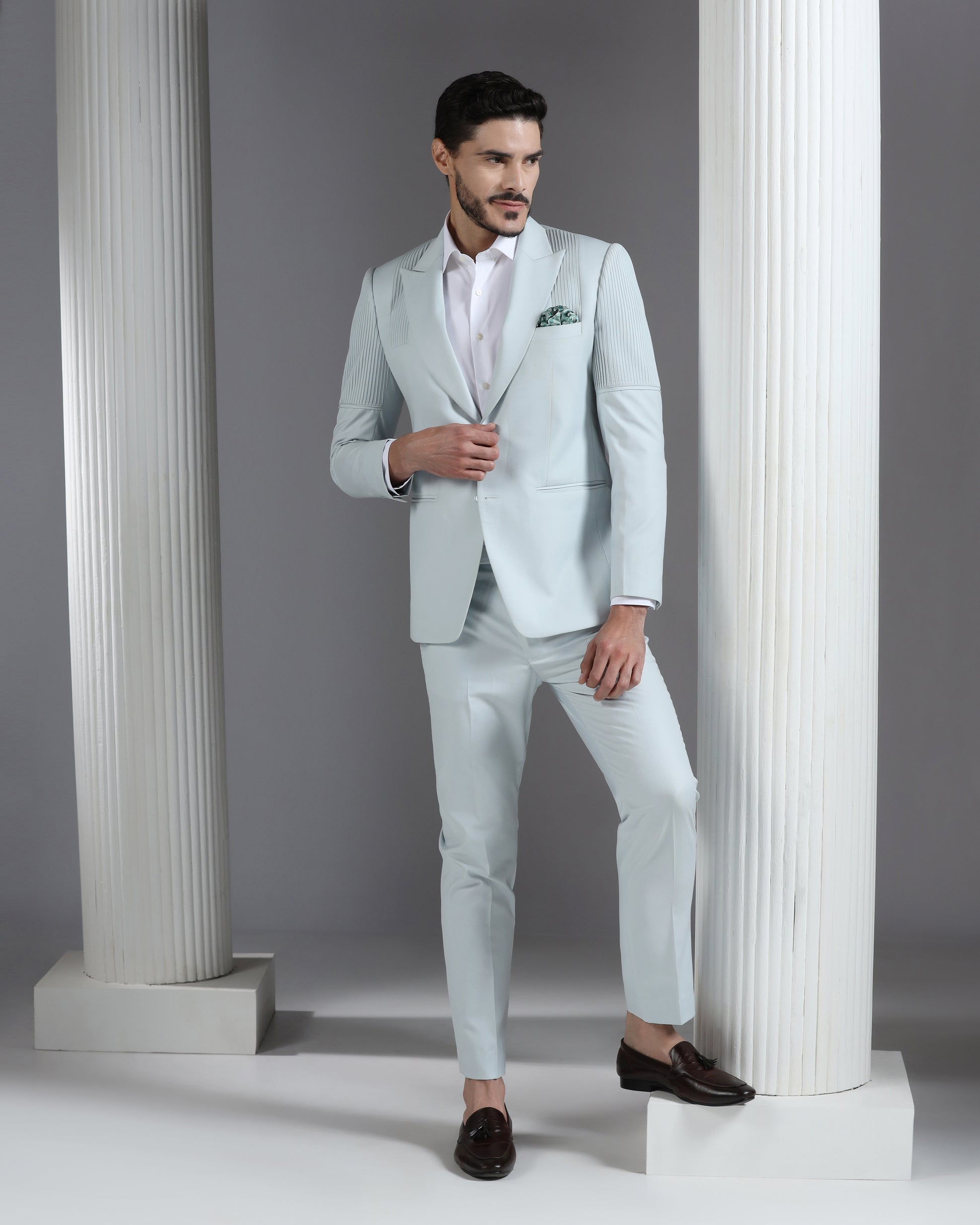 Icy mint pintuck detail 2-piece suit Indian | Bhavya Bhasin Couture