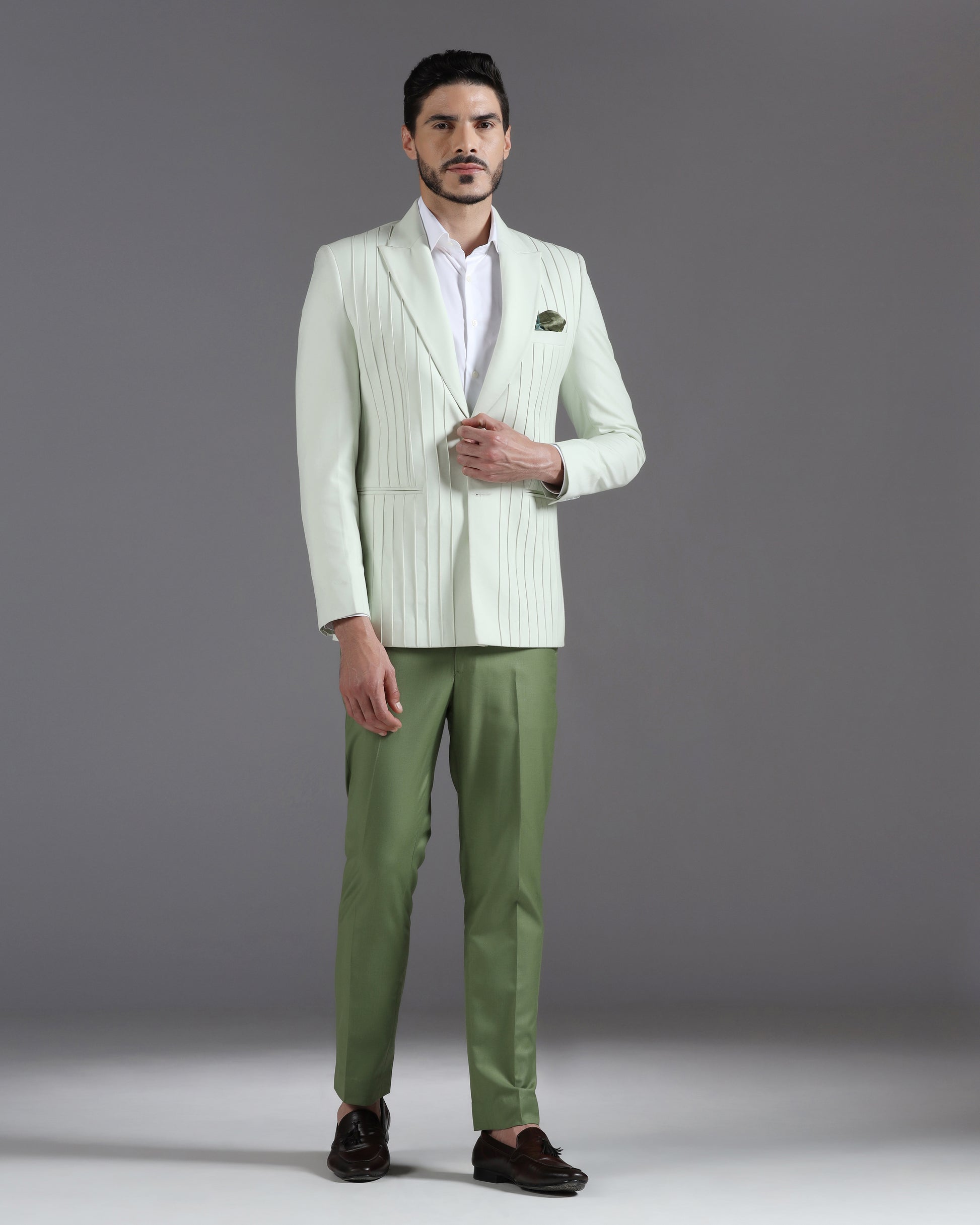 Mint olive pintuck fusion suit Indian formal | Bhavya Bhasin Couture
