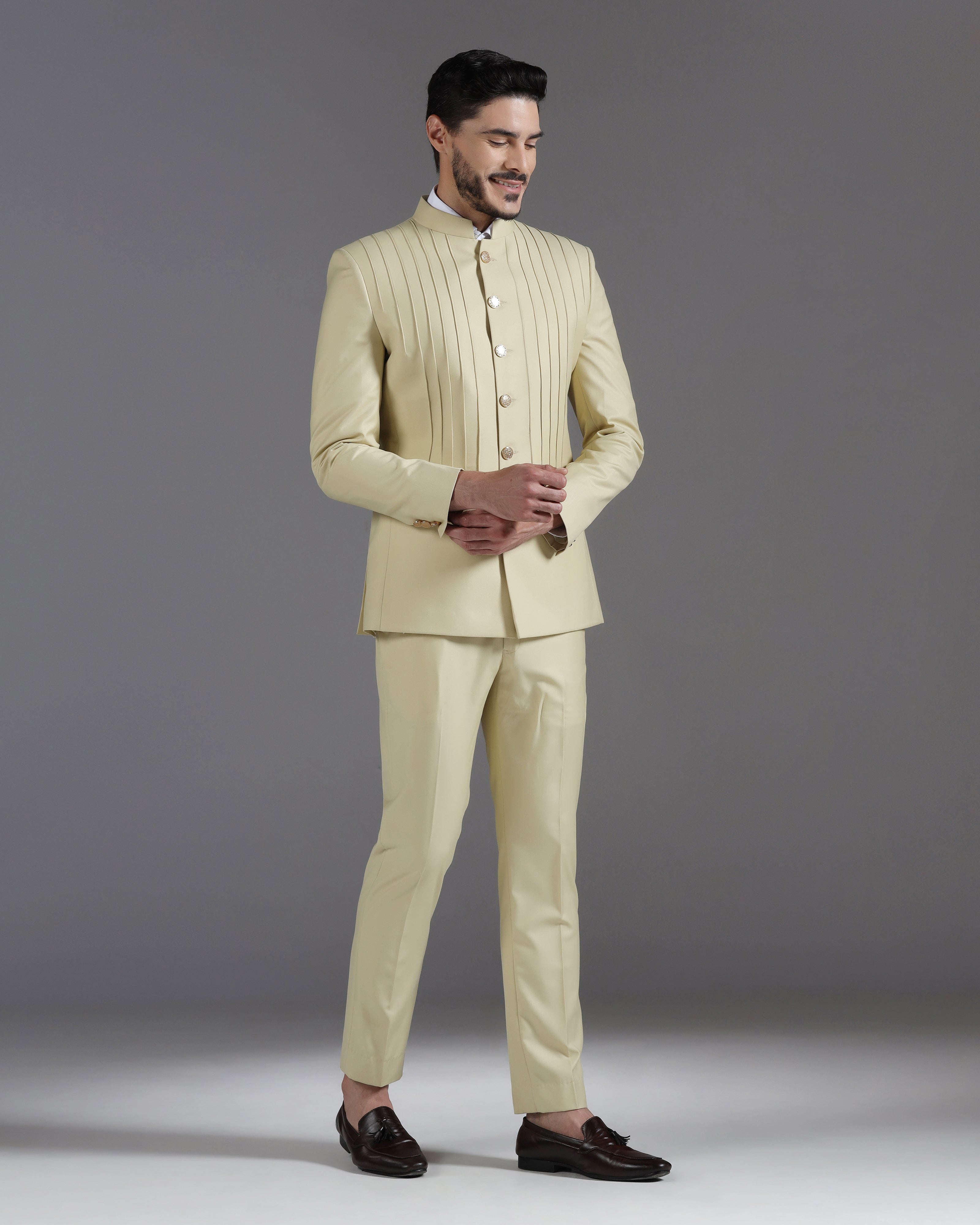 Beige Pintuck Bandhgala Suit with Gold Button Detail