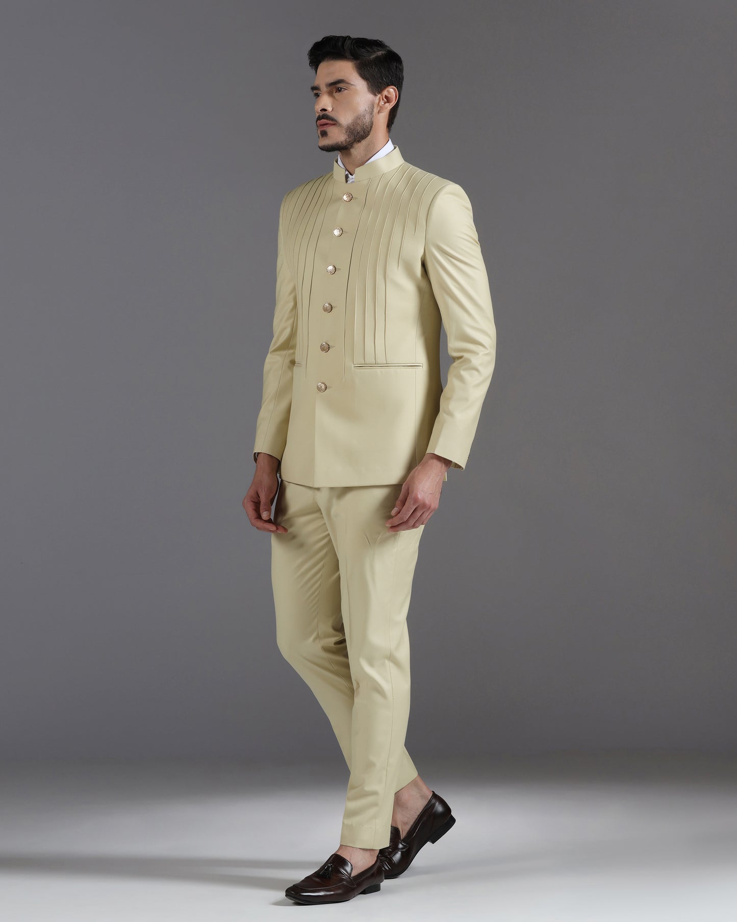 Beige Pintuck Bandhgala Suit with Gold Button Detail