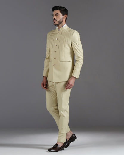 Beige Pintuck Bandhgala Suit with Gold Button Detail