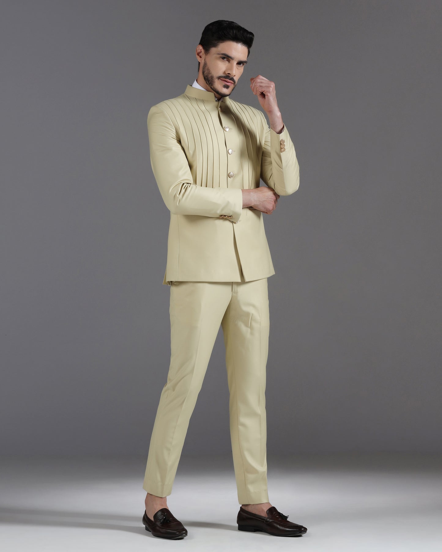 Beige Pintuck Bandhgala Suit with Gold Button Detail