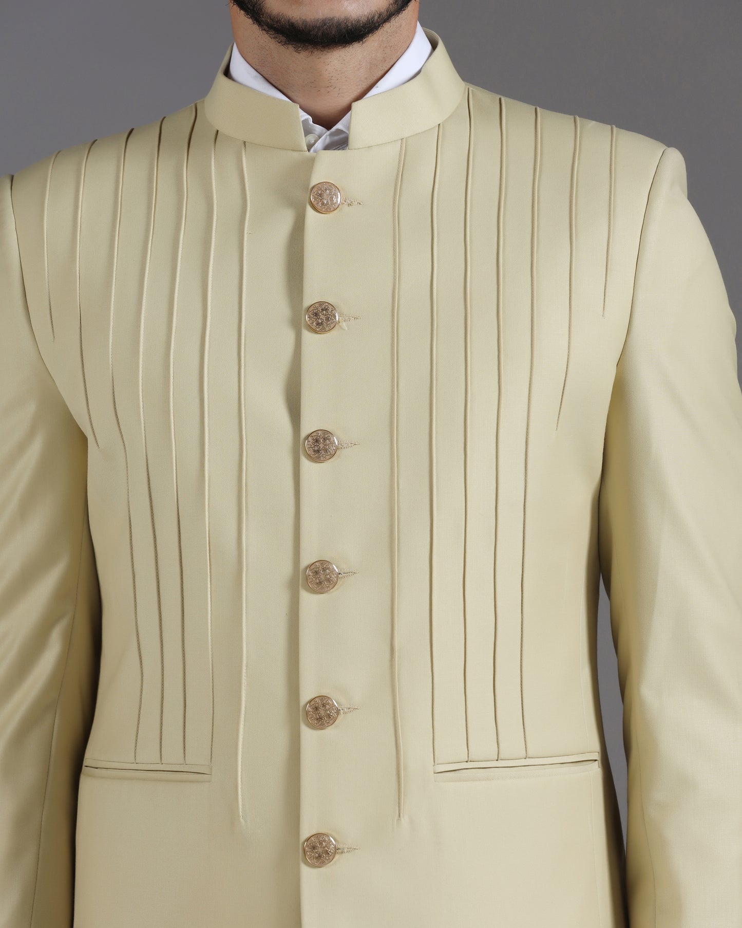 Beige Pintuck Bandhgala Suit with Gold Button Detail