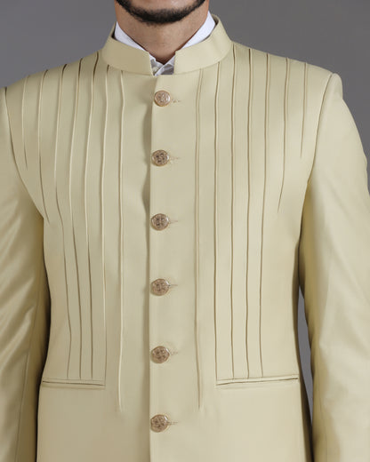 Beige Pintuck Bandhgala Suit with Gold Button Detail