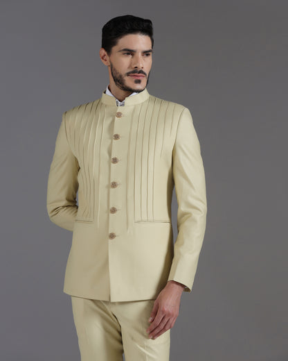 Beige Pintuck Bandhgala Suit with Gold Button Detail