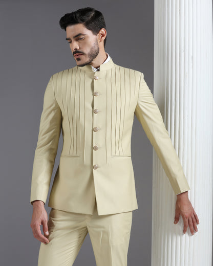 Beige Pintuck Bandhgala Suit with Gold Button Detail