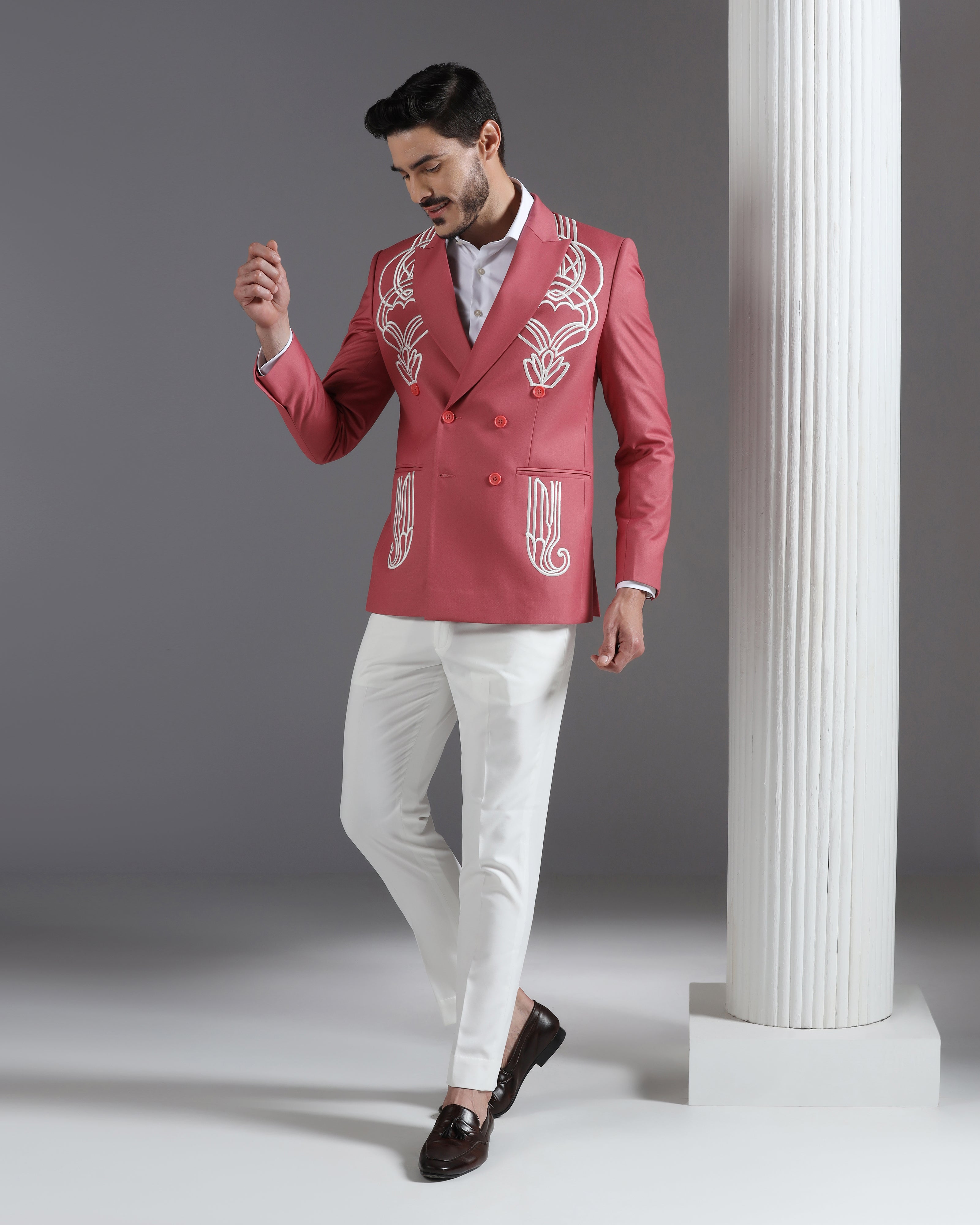 Rose Pink Double-Breasted Blazer with White Art Deco Embroidery