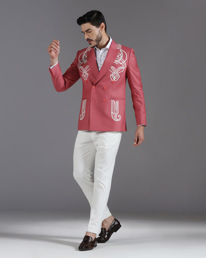 Rose Pink Double-Breasted Blazer with White Art Deco Embroidery