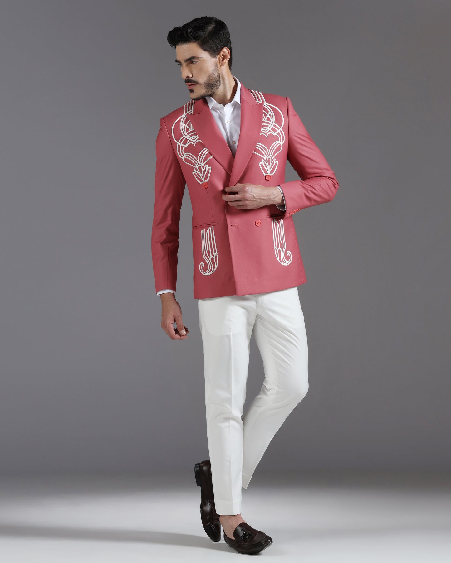 Rose Pink Double-Breasted Blazer with White Art Deco Embroidery