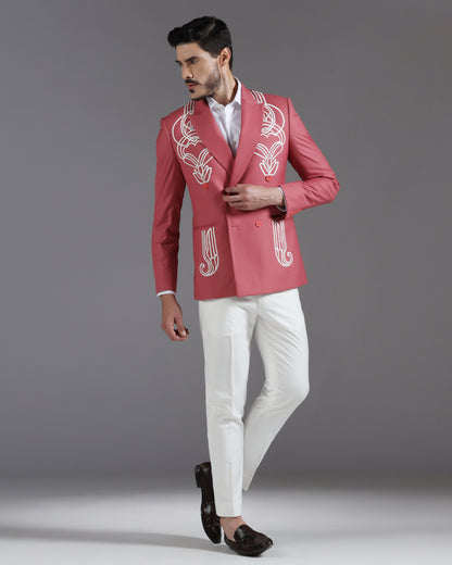 Rose Pink Double-Breasted Blazer with White Art Deco Embroidery