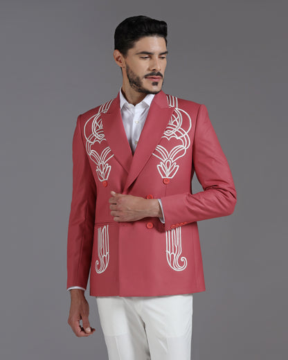 Rose Pink Double-Breasted Blazer with White Art Deco Embroidery