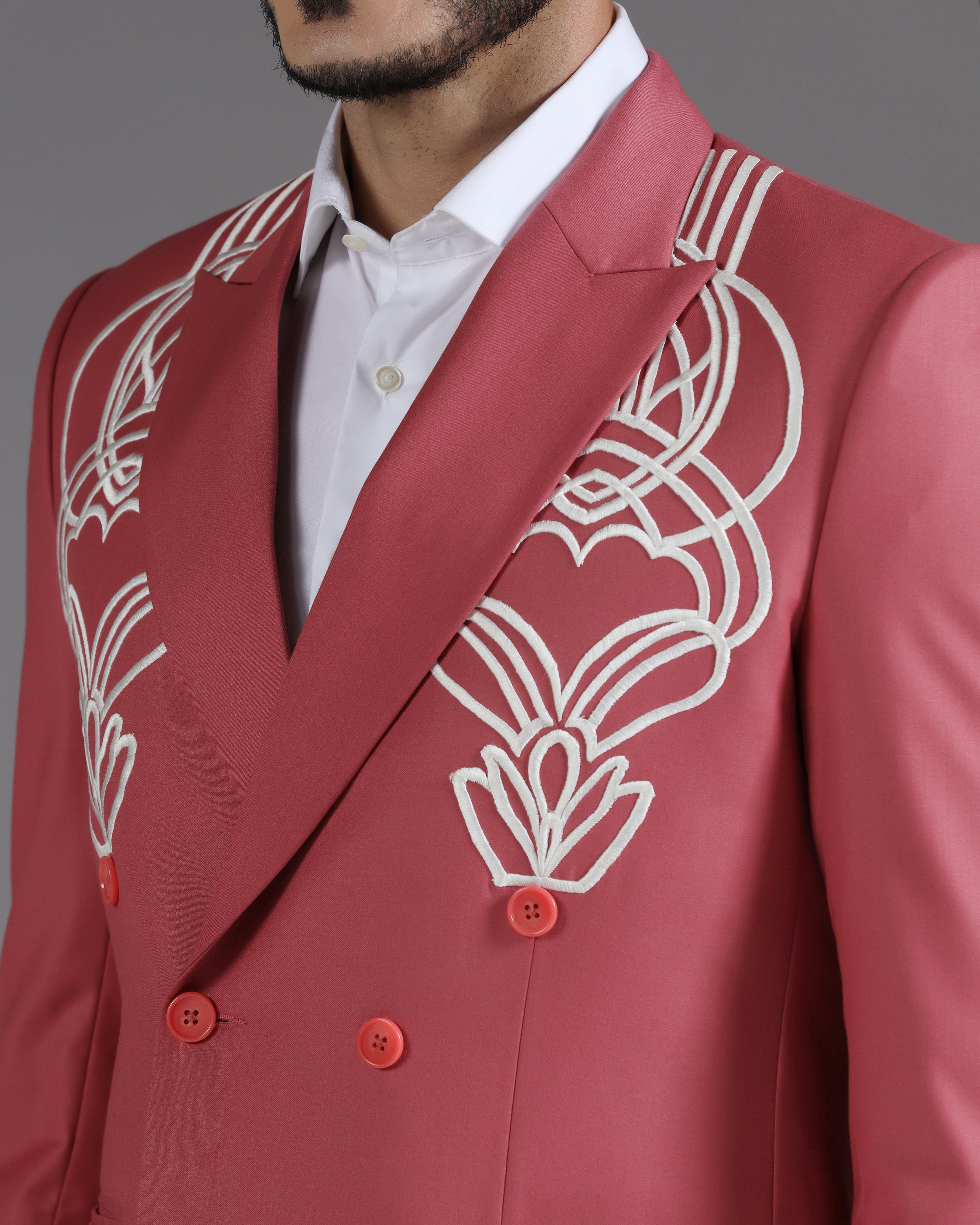 Rose Pink Double-Breasted Blazer with White Art Deco Embroidery