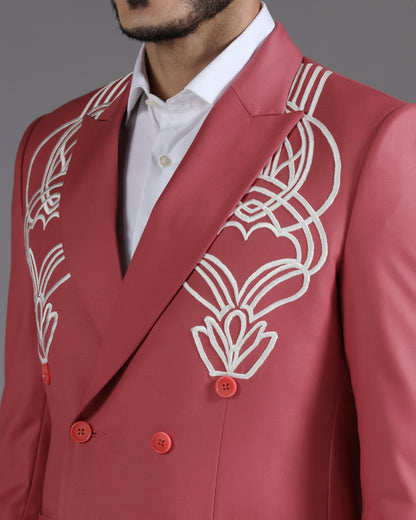 Rose Pink Double-Breasted Blazer with White Art Deco Embroidery