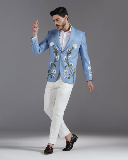Sky blue floral embroidered suit with ivory trousers | Bhavya Bhasin Couture