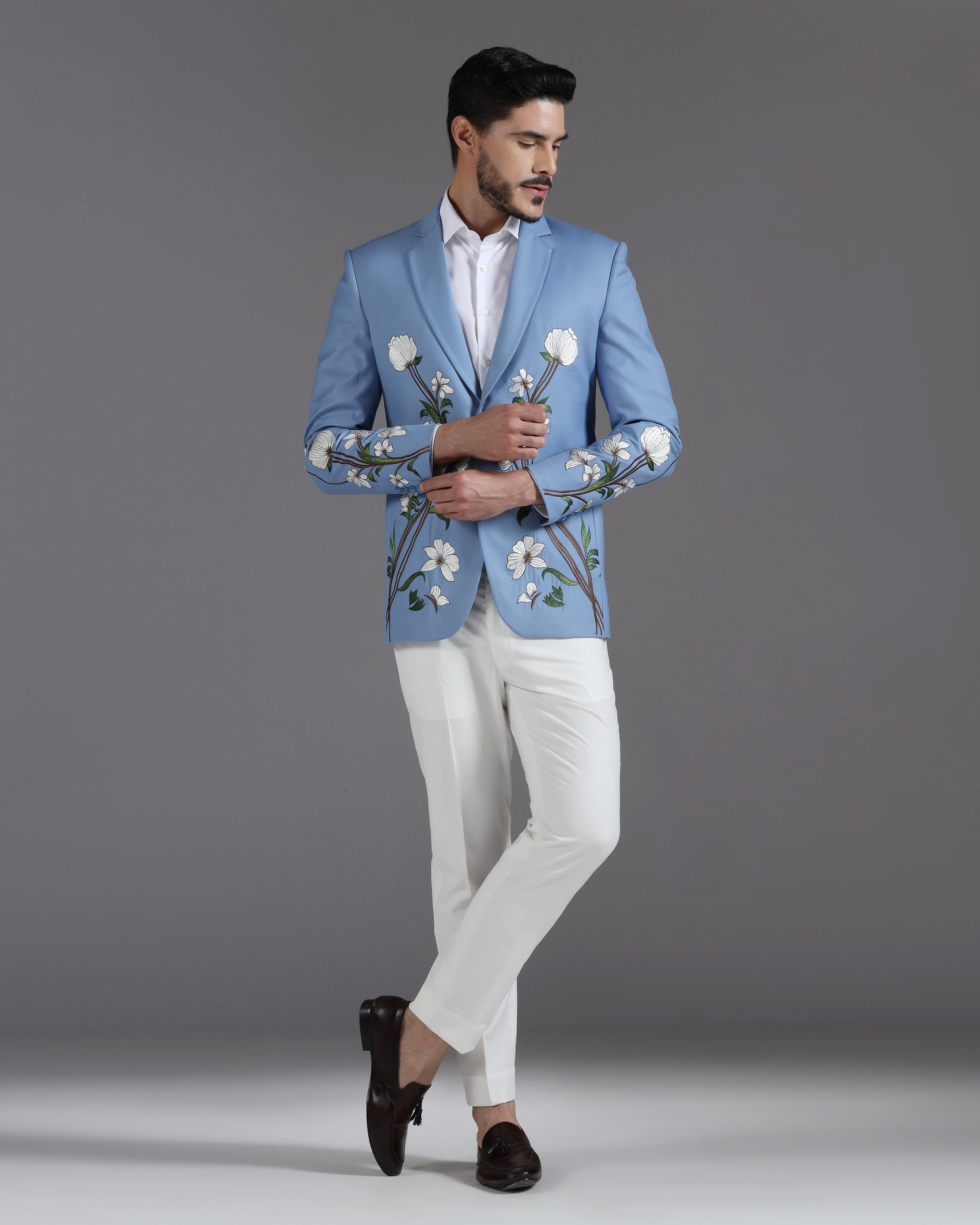 Sky Blue Floral Embroidered Suit with Ivory Trousers