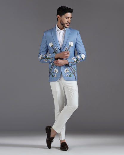 Sky Blue Floral Embroidered Suit with Ivory Trousers
