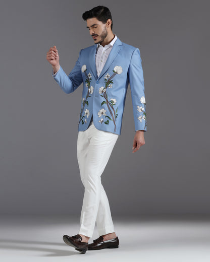 Sky Blue Floral Embroidered Suit with Ivory Trousers