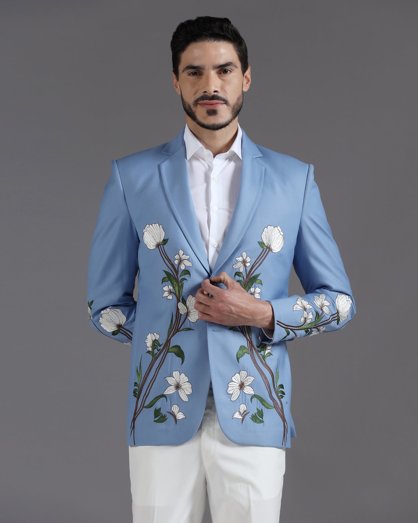Sky Blue Floral Embroidered Suit with Ivory Trousers