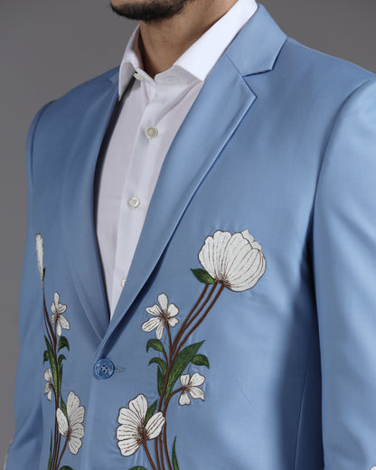 Sky Blue Floral Embroidered Suit with Ivory Trousers