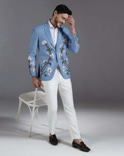 Sky Blue Floral Embroidered Suit with Ivory Trousers