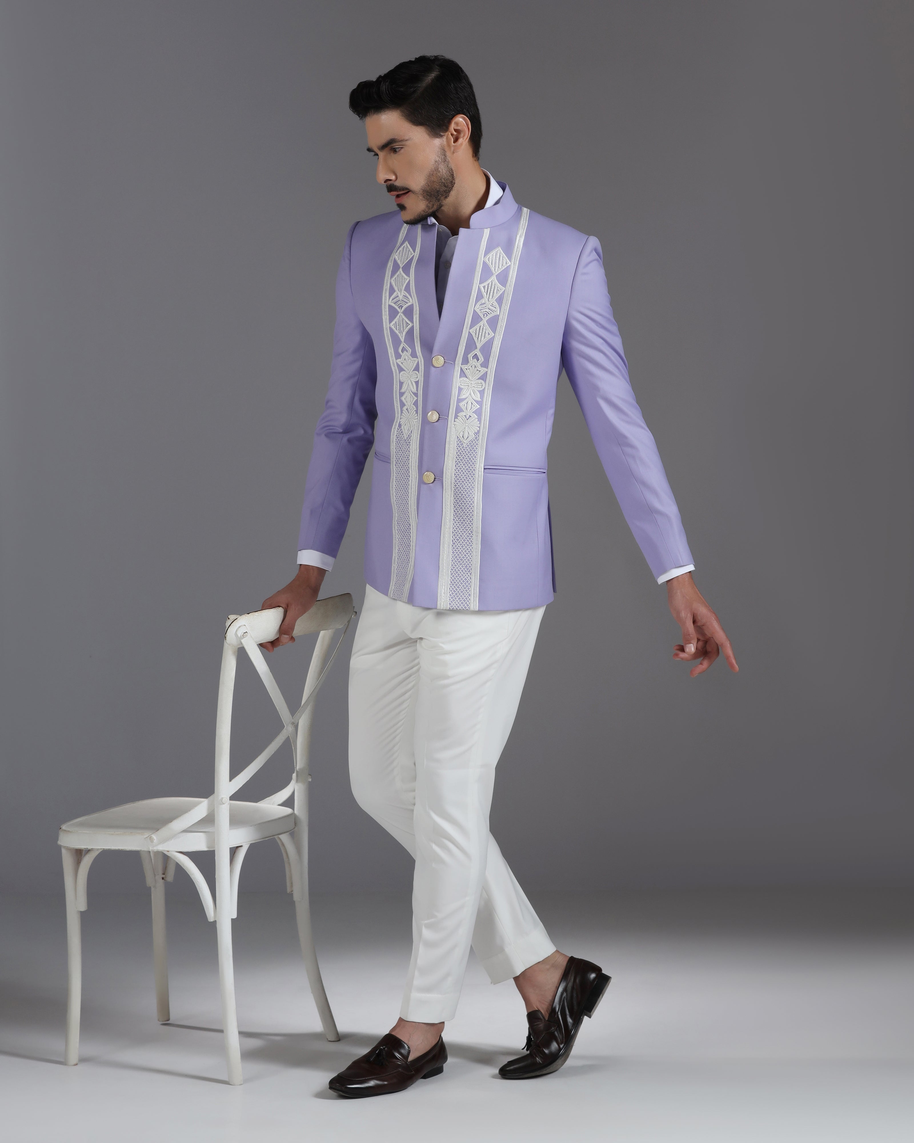 Lilac Embroidered 3-Button Bandhgala